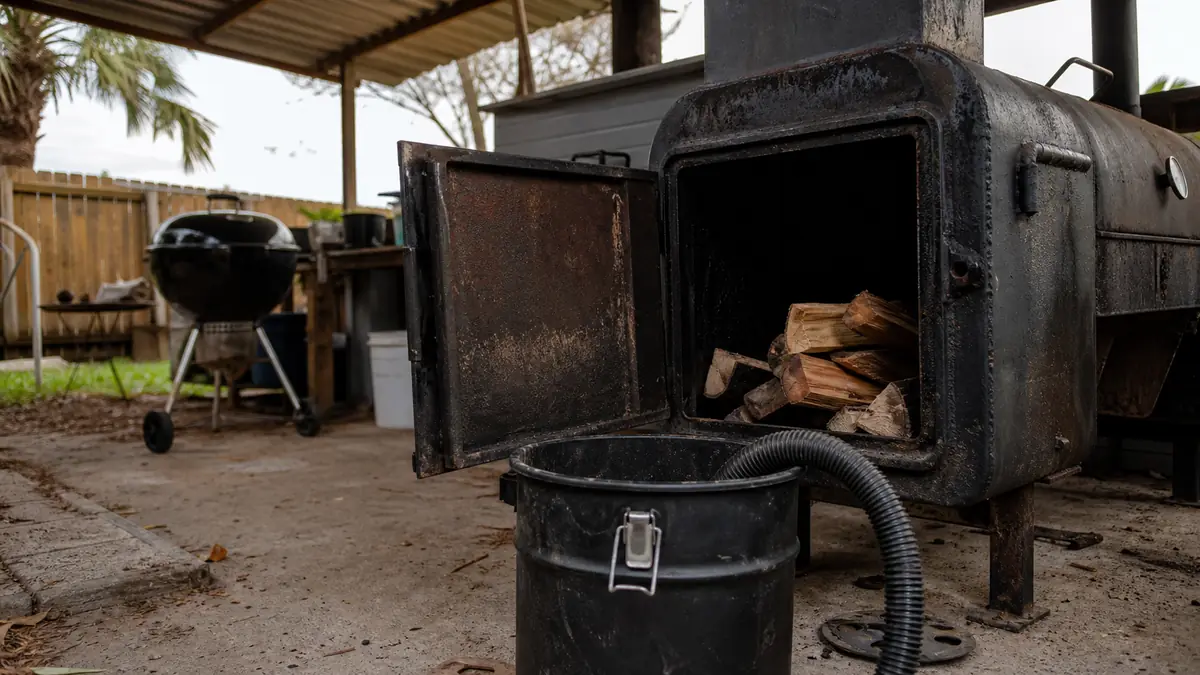 An offset smoker firebox freshly cleaned and loaded with wood splits in the early morning before a Sunday cook