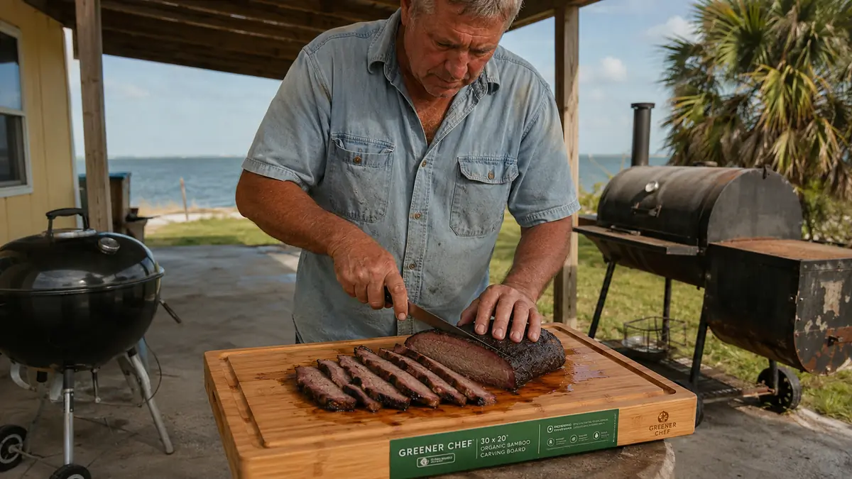 Hands slicing a whole brisket on an oversized bamboo carving board with juice pooling in the groove