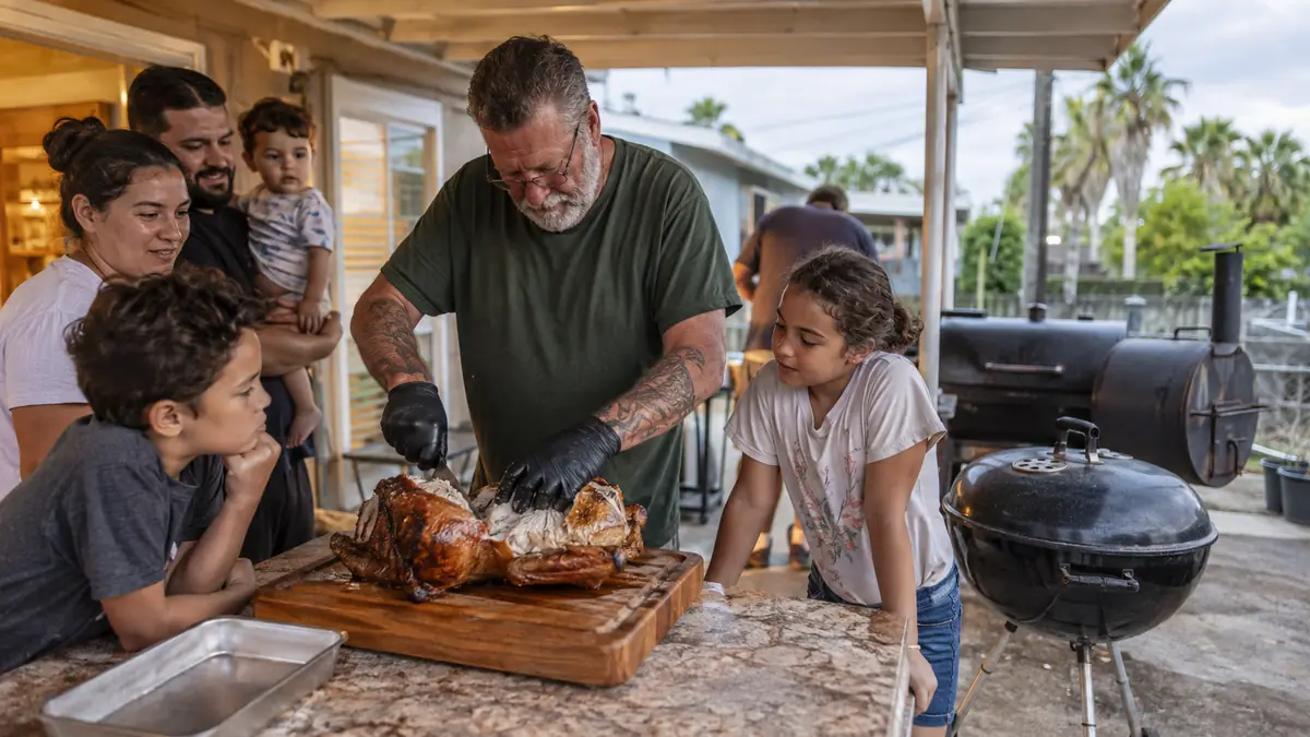 A family gathered around a kitchen counter watching a grandfather carve a turkey on a large wooden board