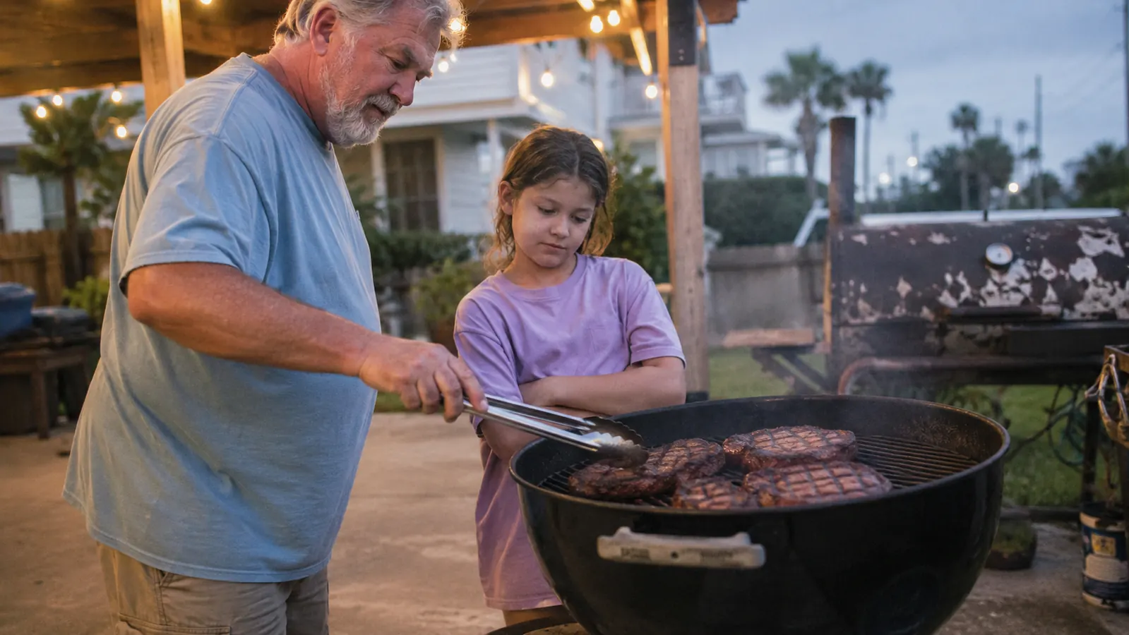 A grandfather and young granddaughter watching steaks cook on a cast iron sear grate on a patio kettle grill