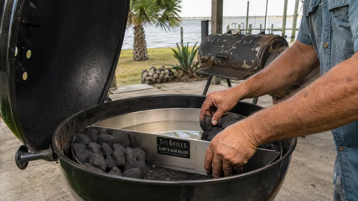 Hands loading charcoal into the stainless Slow 'N Sear basket insert inside an open kettle grill