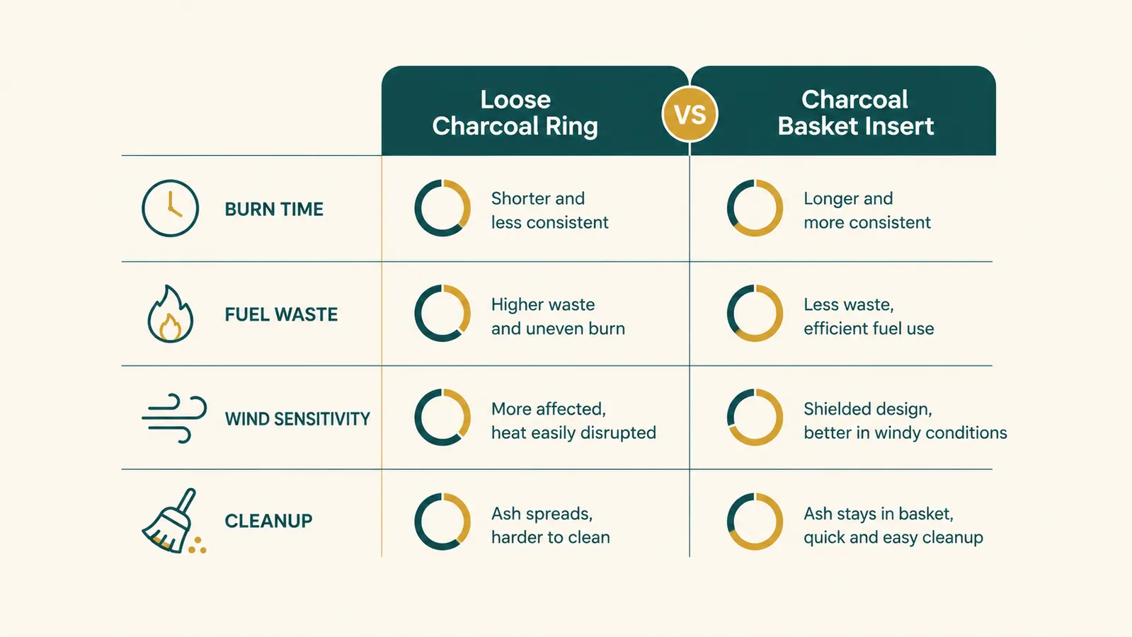 Chart comparing charcoal burn duration and fuel waste between a loose charcoal ring and a two-zone charcoal basket