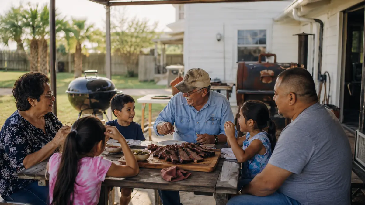 Family gathered around a patio table for a Sunday brisket dinner with a kettle grill in the background