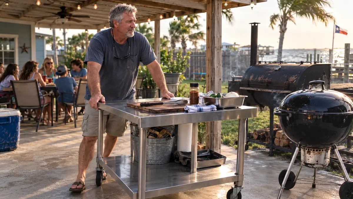 A man rolling a stainless top prep table across a concrete patio toward a charcoal kettle grill with family visible in the background