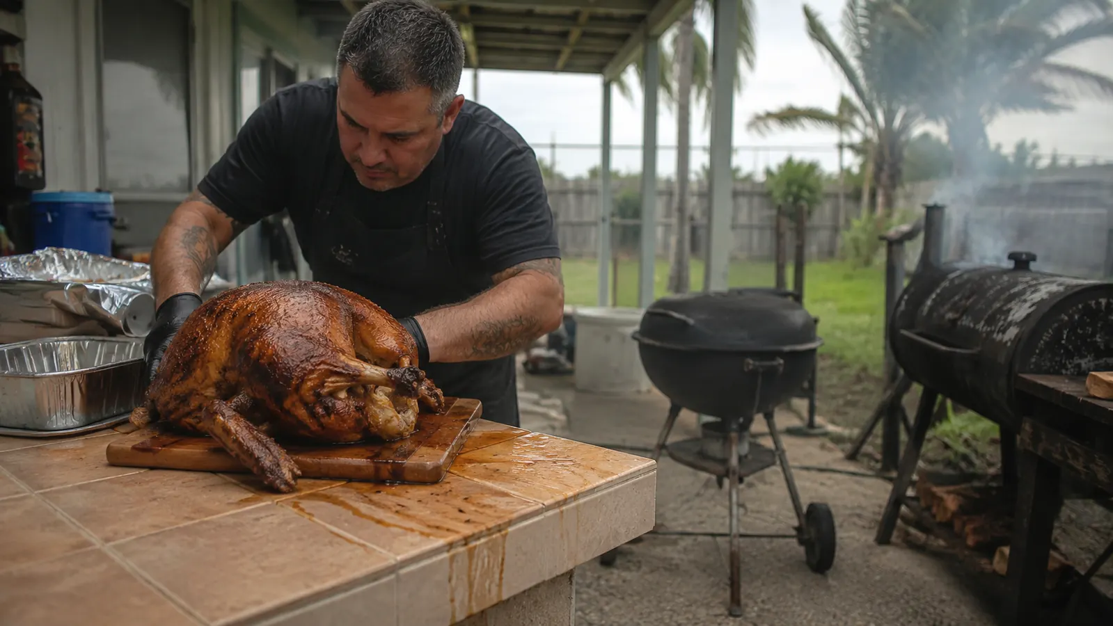 A small cutting board overwhelmed by a large turkey with juice pooling off the edge onto a kitchen counter
