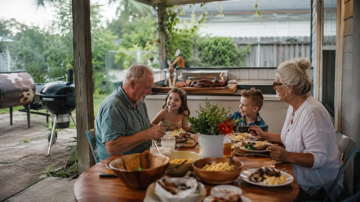 A family gathered at a kitchen table sharing a meal, with the carving board visible resting on the counter behind them