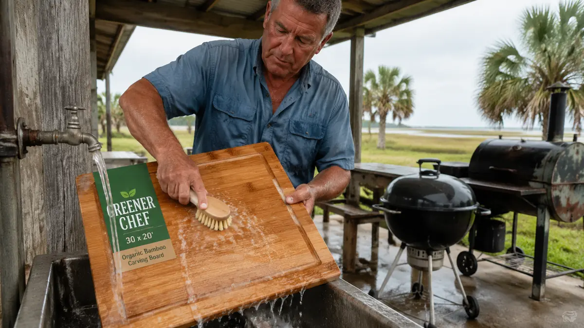 Hands scrubbing a large bamboo carving board with a stiff brush next to an outdoor hose bib