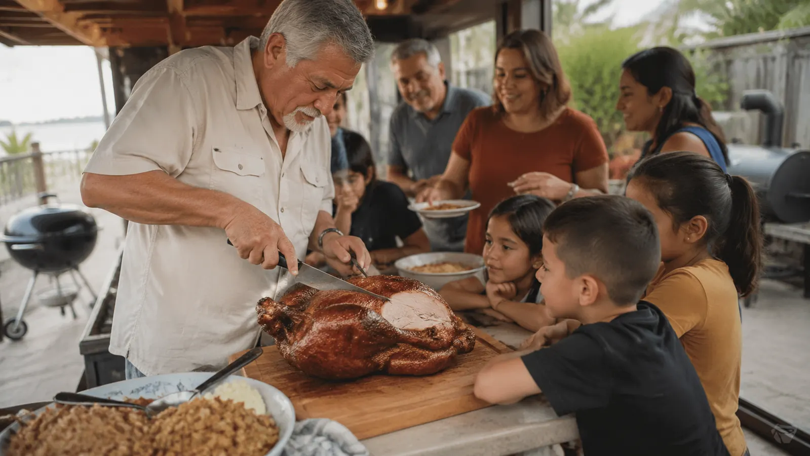 A family gathered around the kitchen counter watching a whole turkey being carved for Thanksgiving