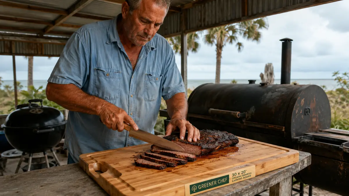Hands carving a brisket on the Greener Chef bamboo board with juice pooling in the groove along the edge