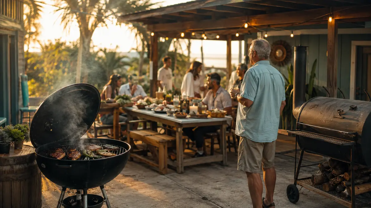 A charcoal kettle grill glowing under a backyard lean-to at dusk with a prep cart alongside
