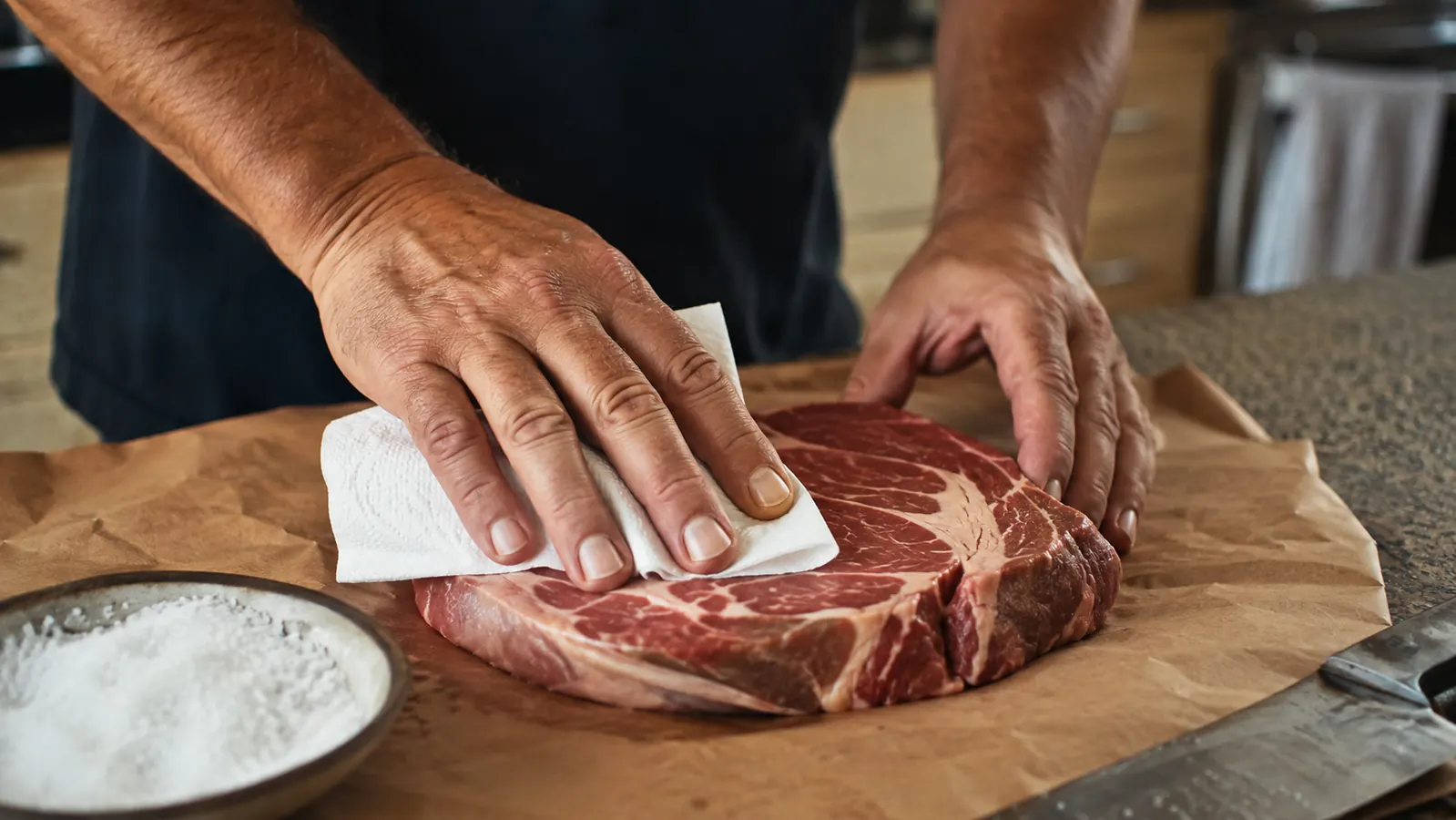 A hand patting a steak dry with a paper towel on a kitchen counter before grilling