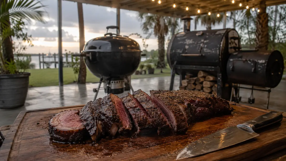 A rested, sliced steak on a wood cutting board showing a pink center and a dark crust, next to a kettle grill on a humid evening