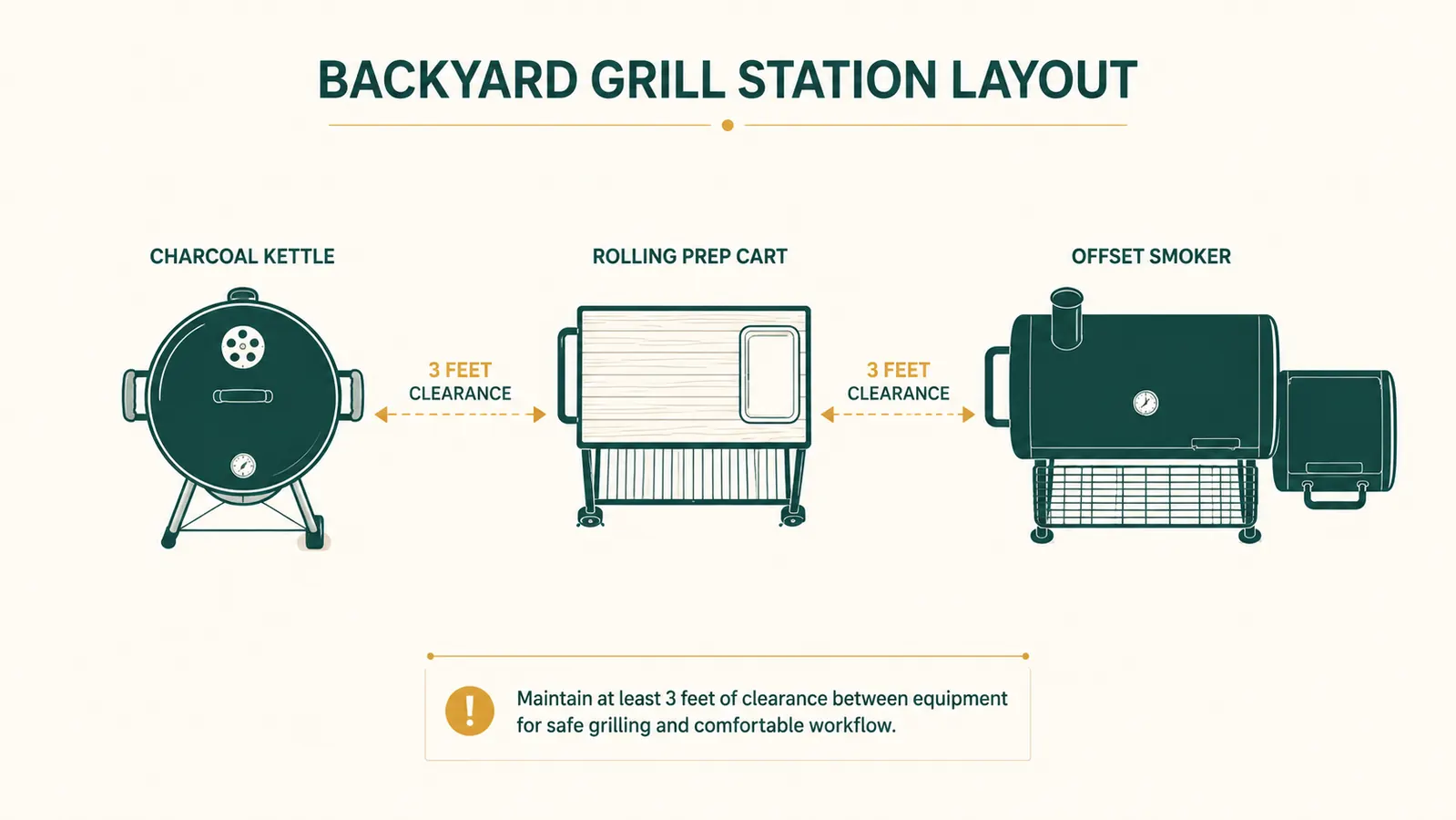 Simple diagram showing a grill station layout with the kettle, offset smoker, and rolling prep cart spaced three feet apart