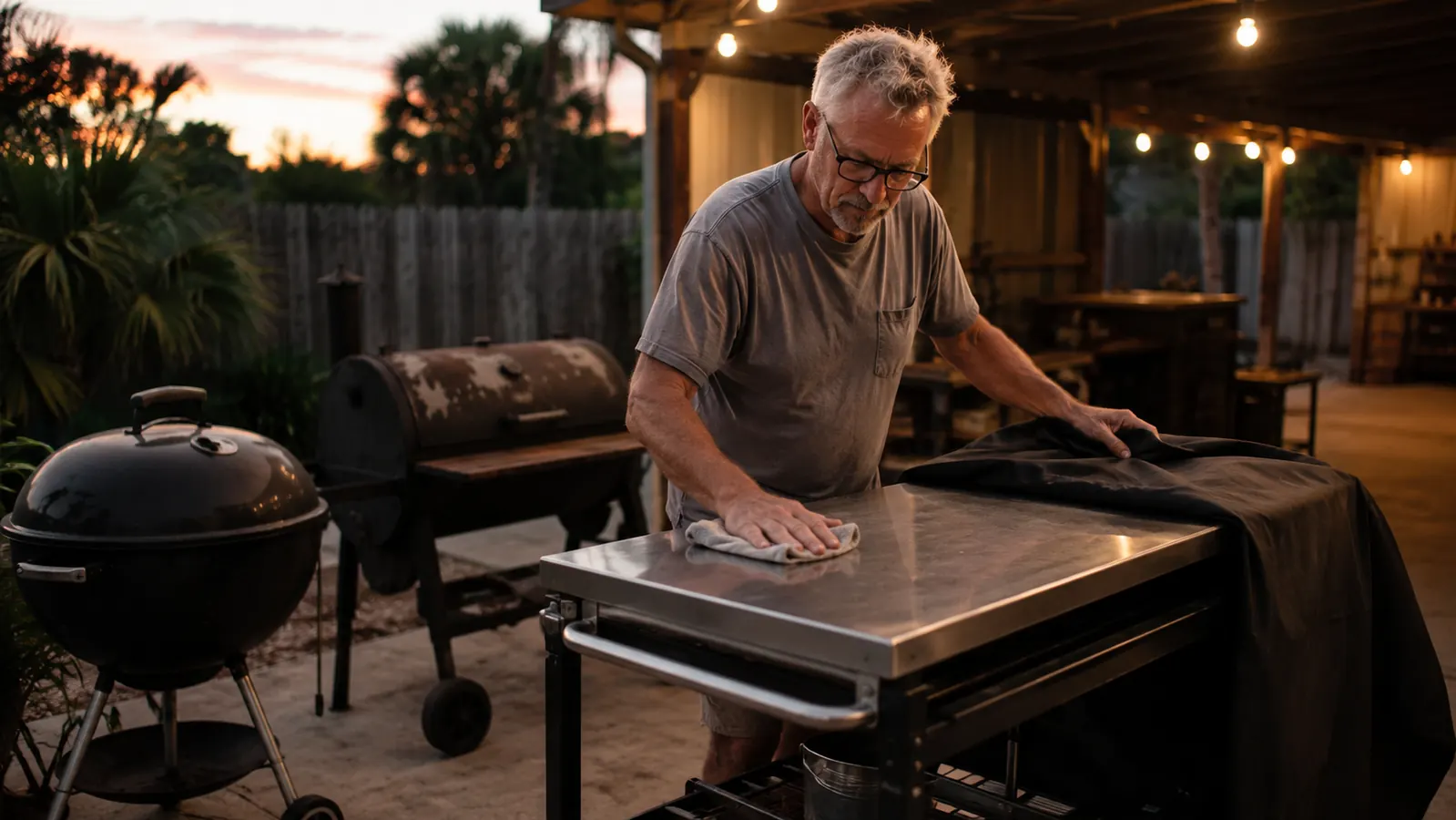 A man wiping down the stainless steel top of a rolling prep cart and pulling a fitted cover over it at the end of a cook