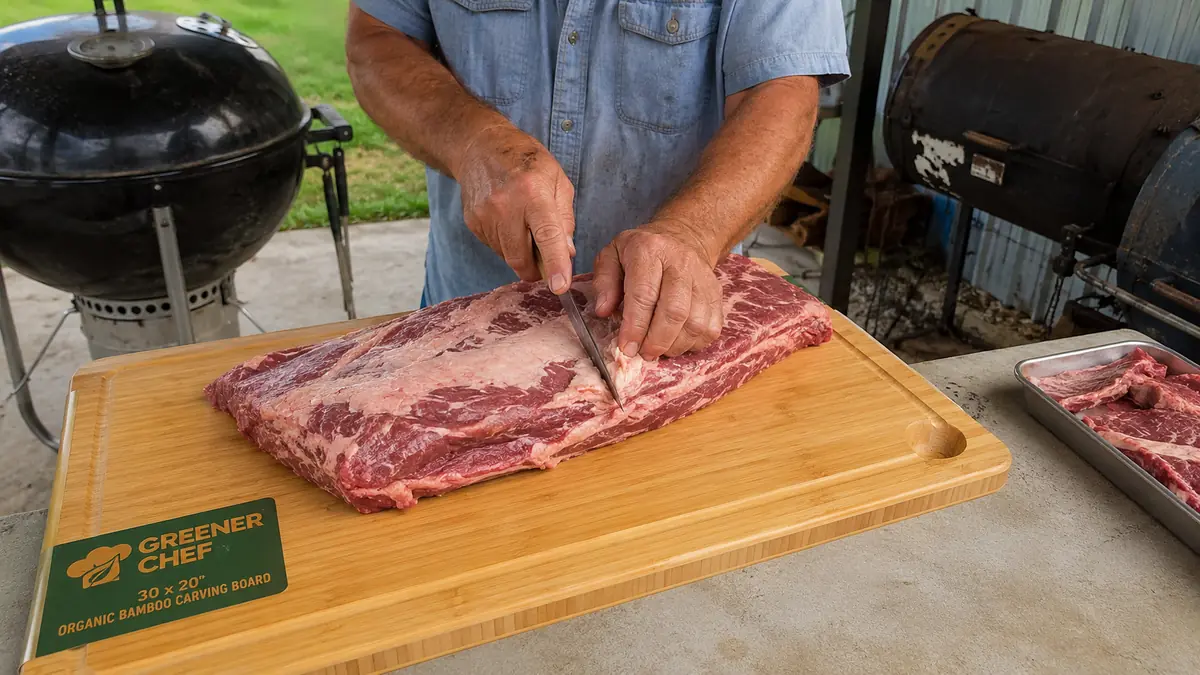 Hands using a knife to separate the point from the flat on a large bamboo carving board with a juice groove