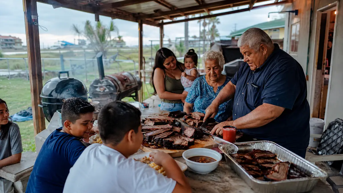 A family gathered at a kitchen counter eating sliced brisket on a Sunday afternoon