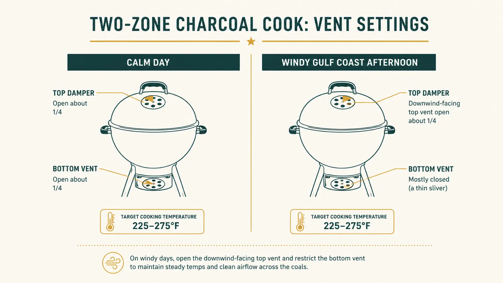 Diagram-style chart showing top vent and bottom vent positions for calm versus windy two-zone cooks