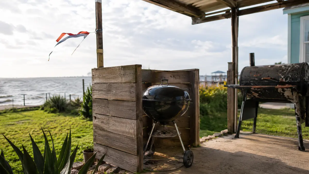 A kettle grill positioned behind a low windbreak on a coastal patio with a wind sock or flag showing steady onshore wind
