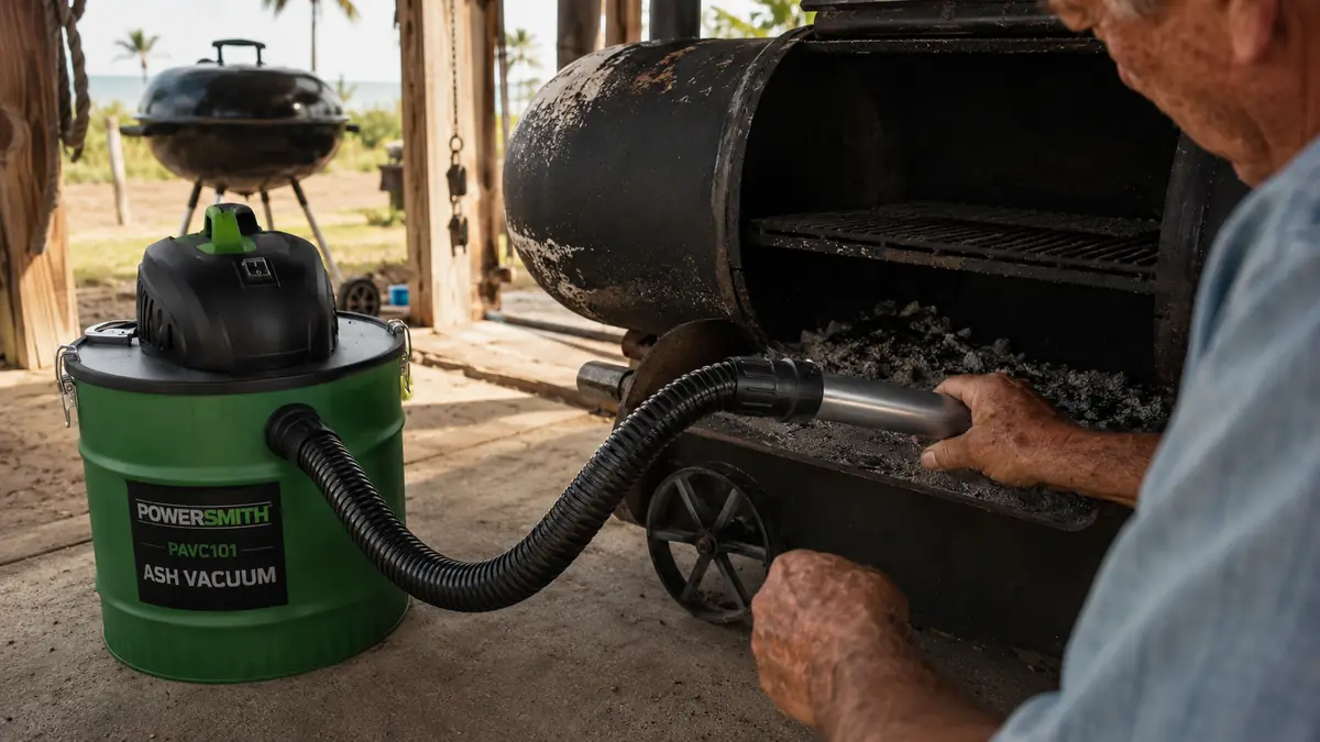 A man guiding the metal hose tip of an ash vacuum along the floor of an open offset smoker firebox in daylight