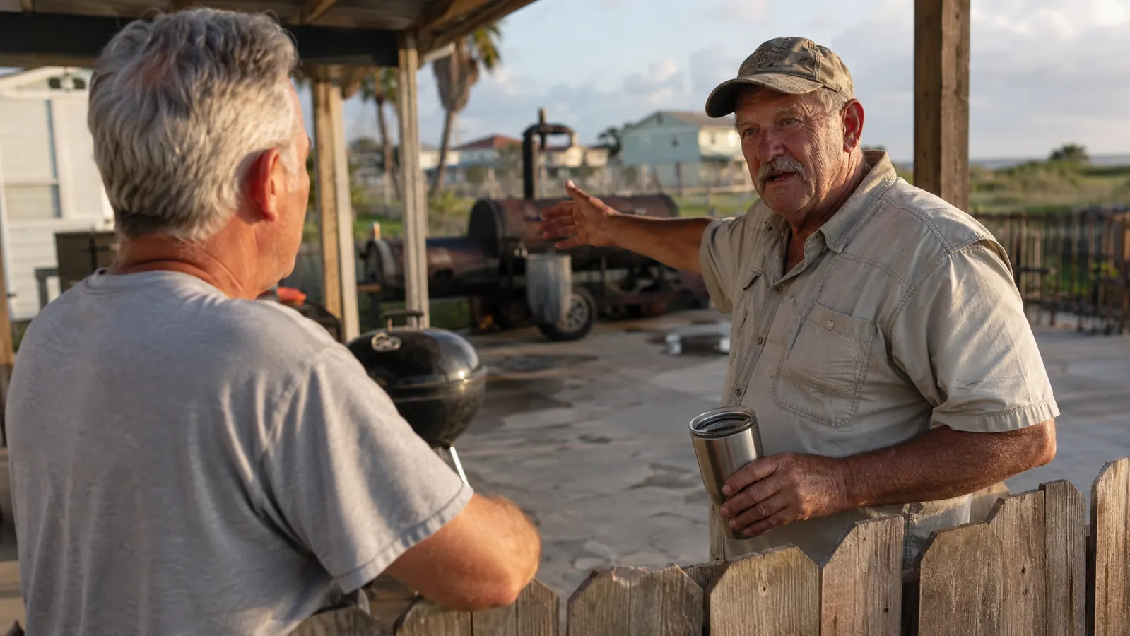 Two men talking over a low backyard fence near a stick burner smoker and a charcoal kettle grill