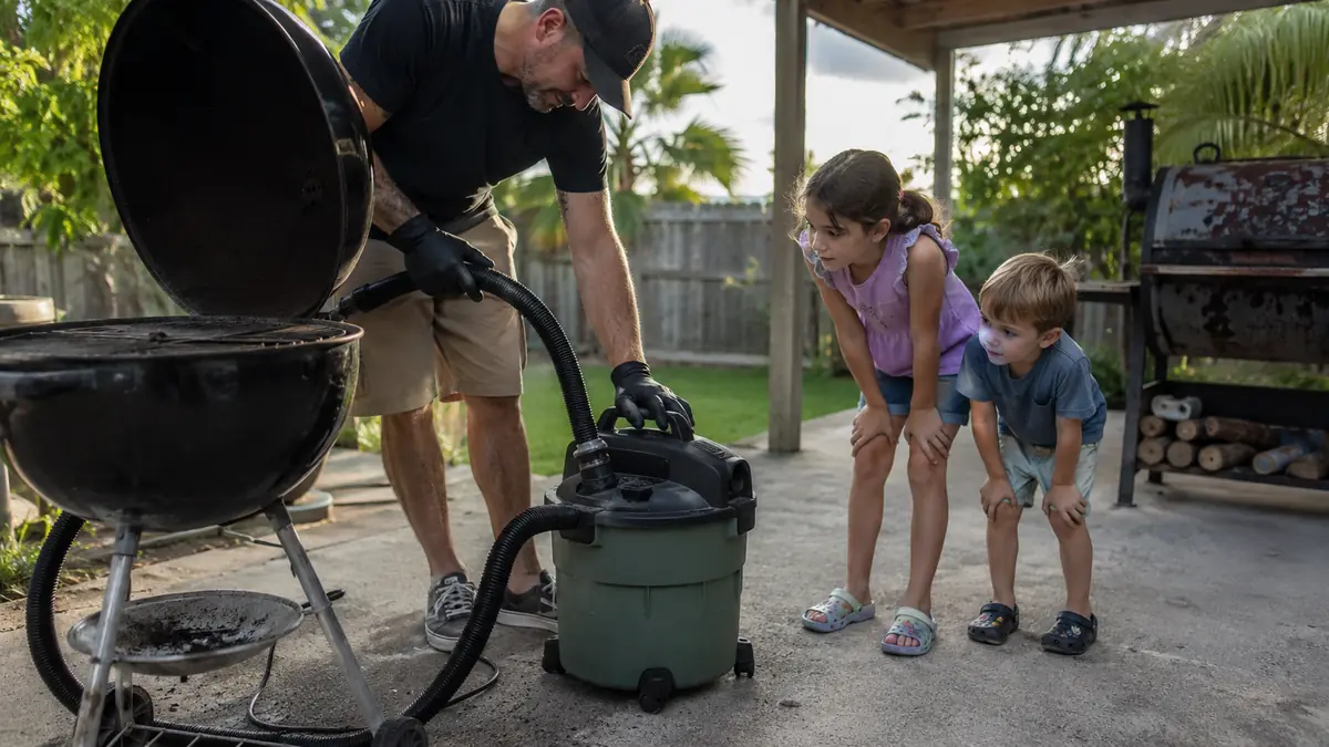A young girl and younger boy watching an ash vacuum being used near a charcoal kettle grill in a backyard