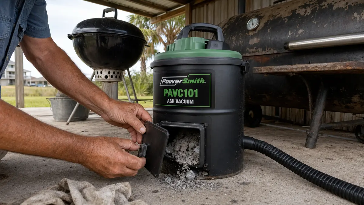 Hands opening the filter access panel on an ash vacuum canister to tap out clumped wet ash