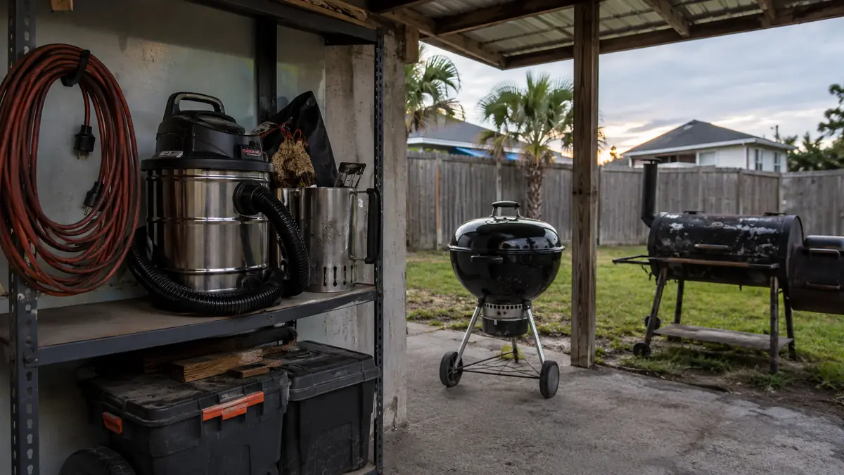 A garage shelf holding a coiled ash vacuum hose next to a plastic tote of charcoal and grilling gear