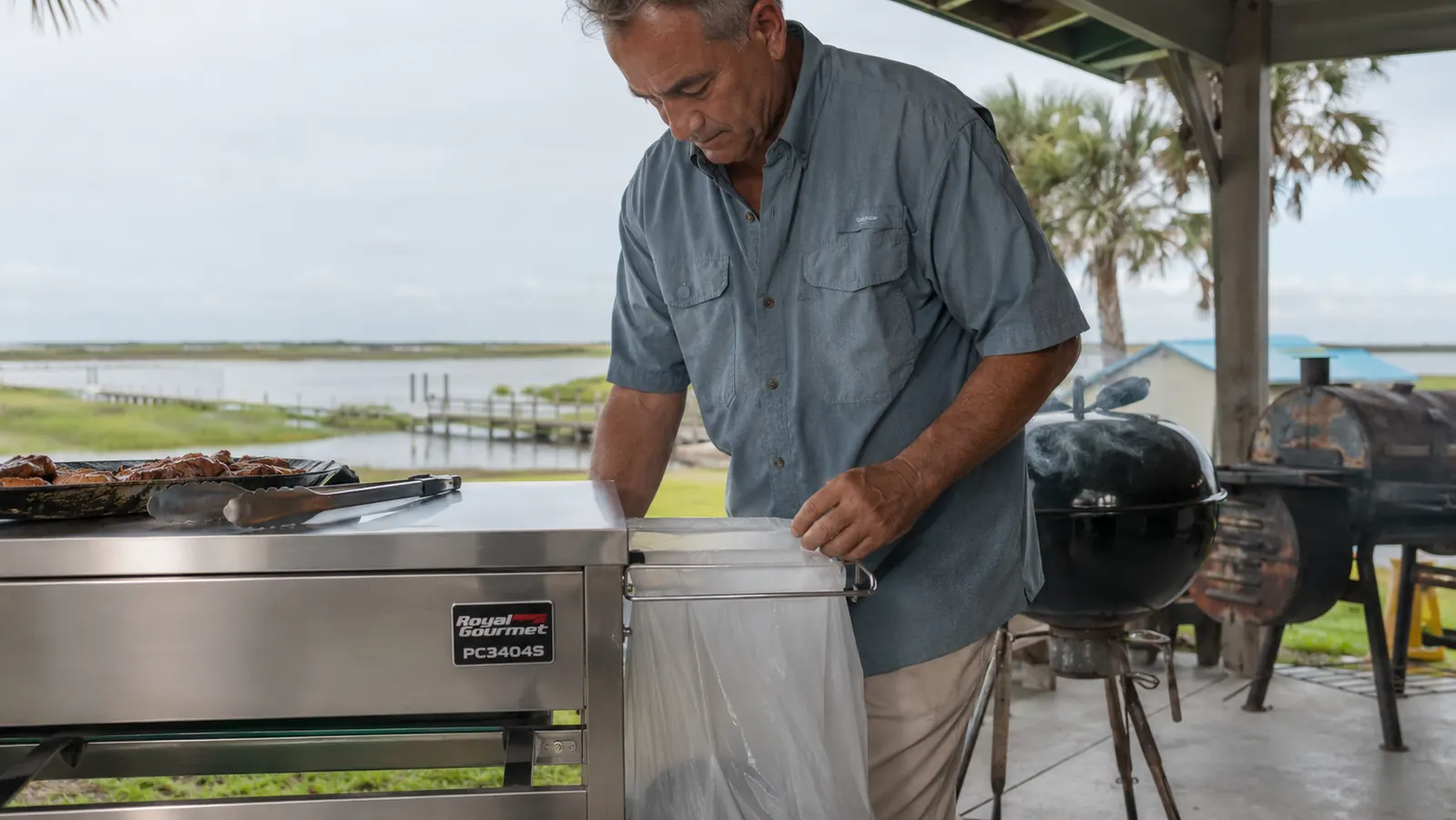 A hand hanging a grocery trash bag on the built-in wire holder of a stainless top rolling prep cart beside a smoking grill