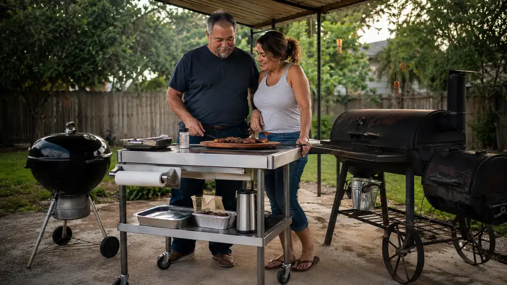 A man and his wife standing together on a patio beside a stainless top rolling prep cart parked between two grills