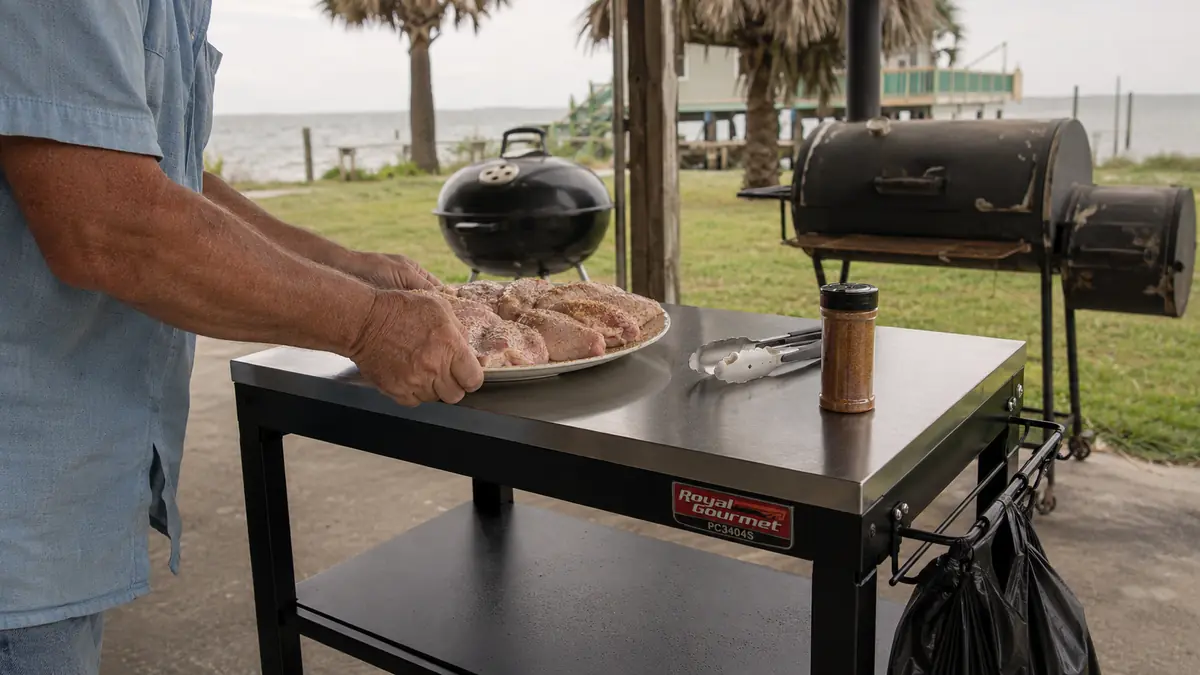Hands setting a plate of seasoned meat and a roll of trash bags on the stainless top and side hook of a rolling grill cart