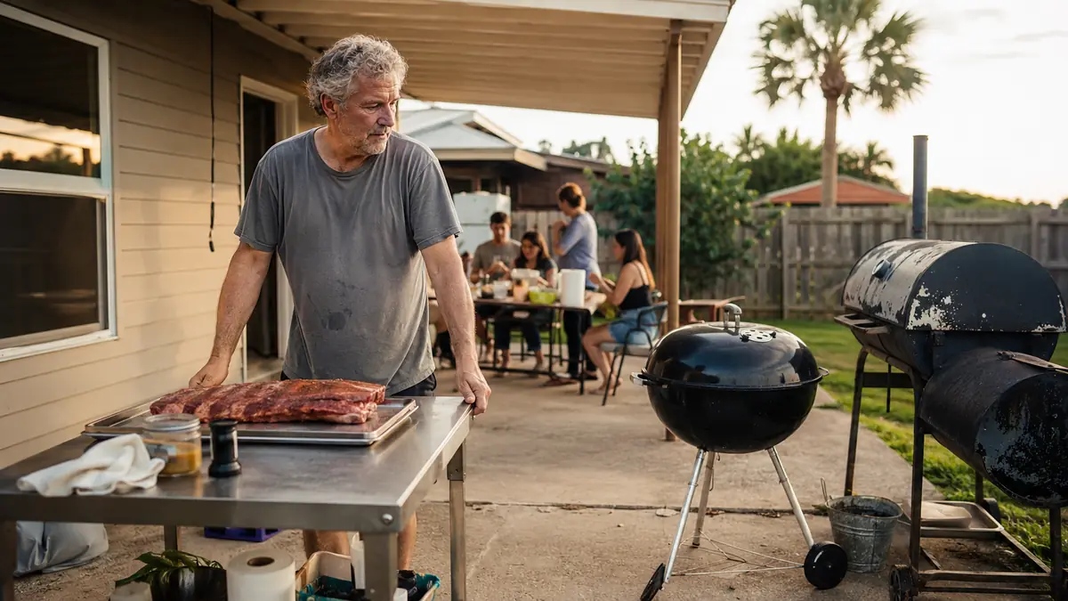 A man rolling a stainless top prep cart across a concrete patio toward a charcoal kettle grill on a Sunday afternoon
