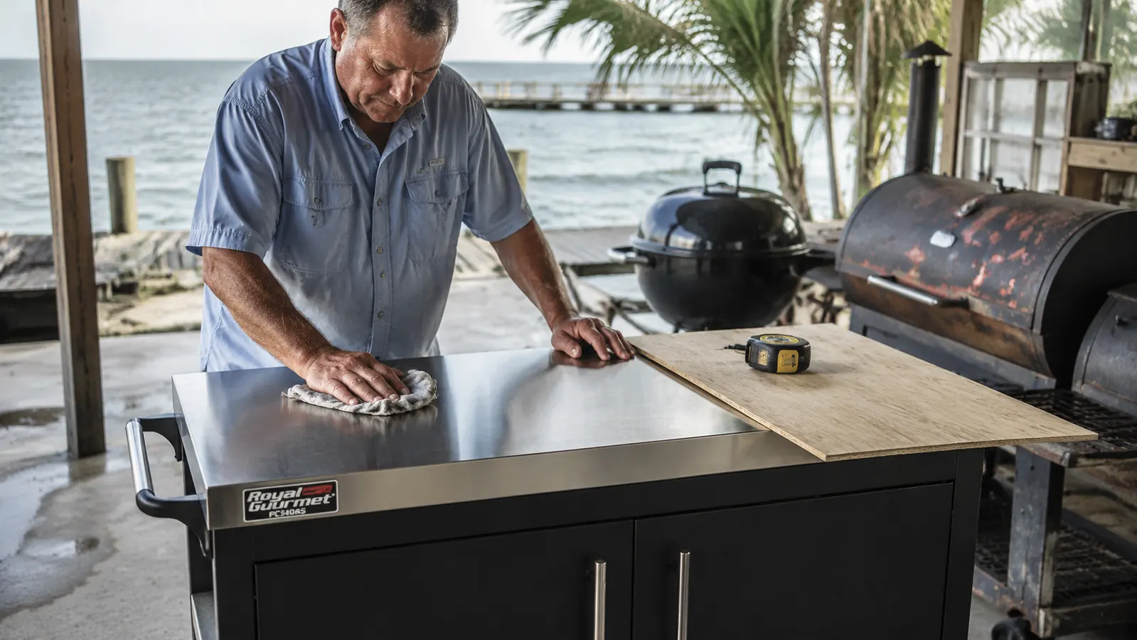 Hands wiping down the stainless steel top of a rolling grill cart next to a tape measure and a sheet of plywood
