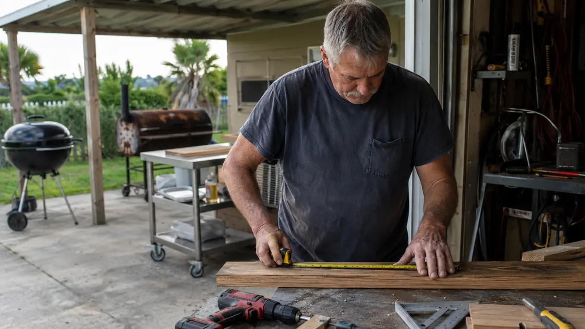 A man in a garage measuring lumber for a homemade outdoor prep table with a rolling stainless steel cart visible in the background