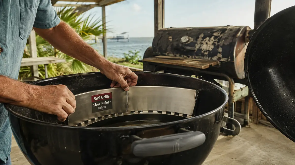 Hands sliding the stainless Slow 'N Sear basket insert into an open kettle grill