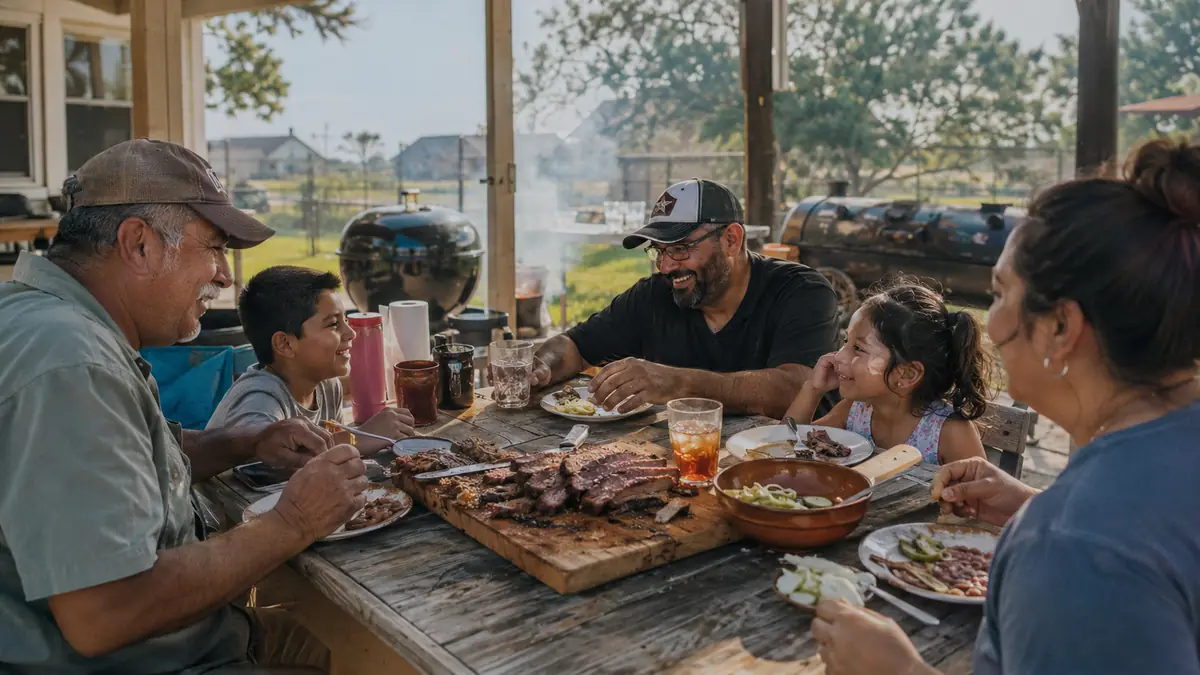 A family gathered around a patio table for Sunday brisket, kettle grill smoking in the background