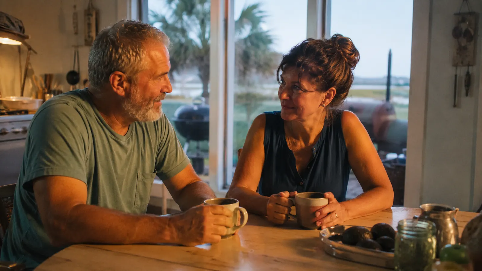 A man and his wife sitting at a kitchen table with coffee, talking