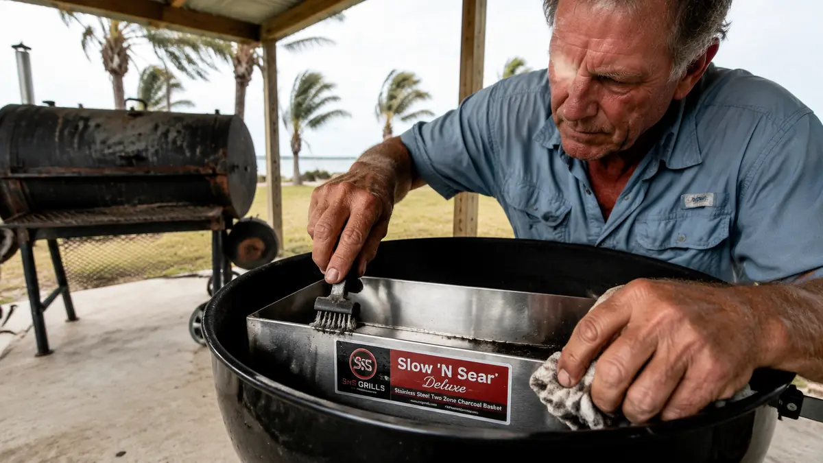A hand using a narrow wire brush to clear packed ash from the tight gap between the two stainless panels of the basket insert