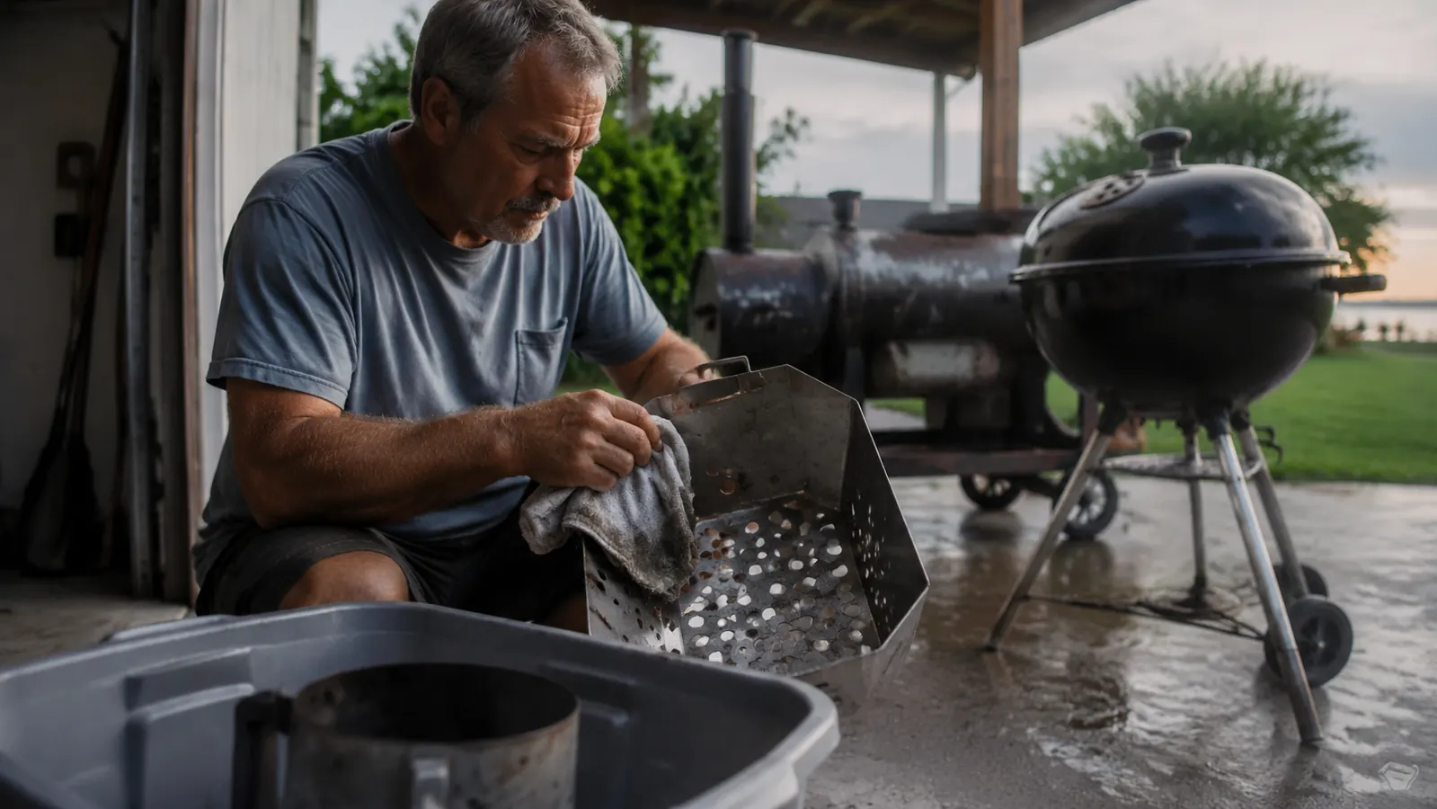 An older man wiping down a stainless charcoal basket insert with a shop towel before storing it in a plastic tote in a garage