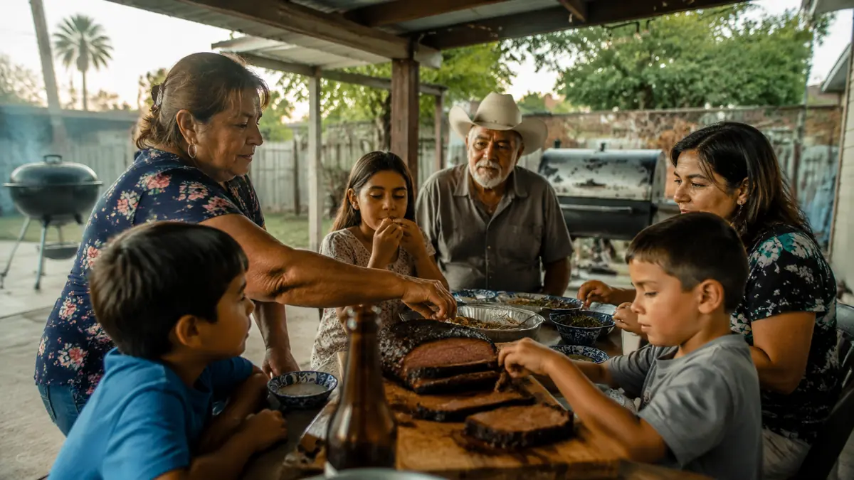 A family gathered on a patio for a Sunday brisket dinner with the kettle grill in the background