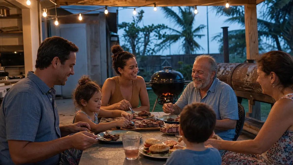 A family gathered around an outdoor patio table sharing plates of grilled steak and burgers at dusk