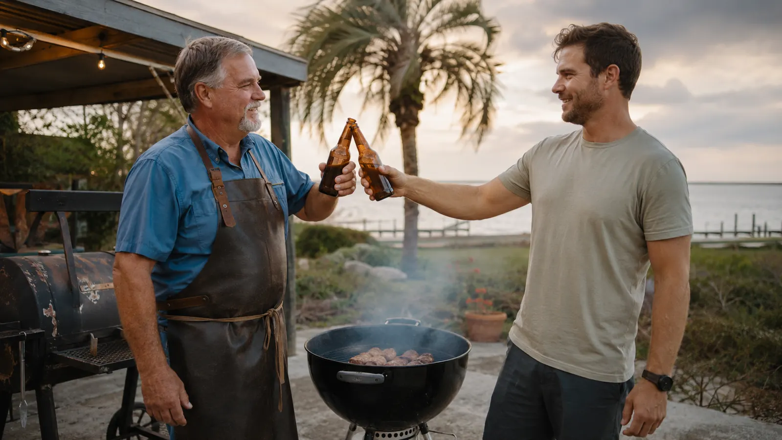 An older man and a younger man clinking bottles together near a kettle grill on a patio