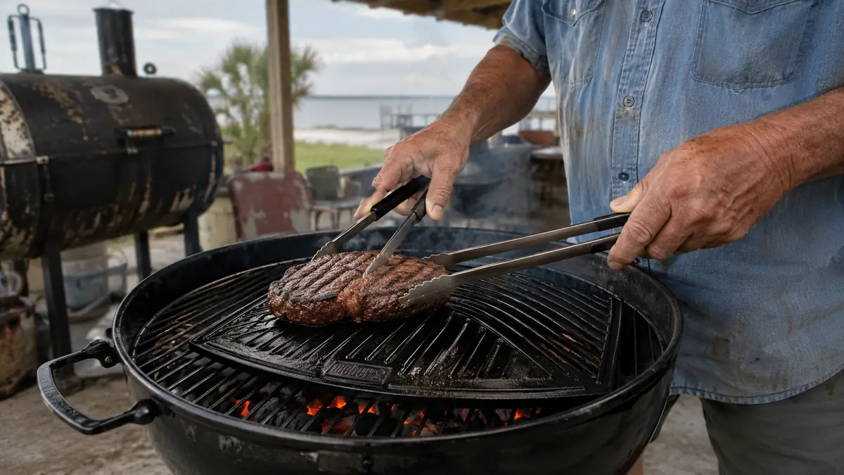 Hands using tongs to rotate a steak on the black cast iron sear grate to form crosshatch marks