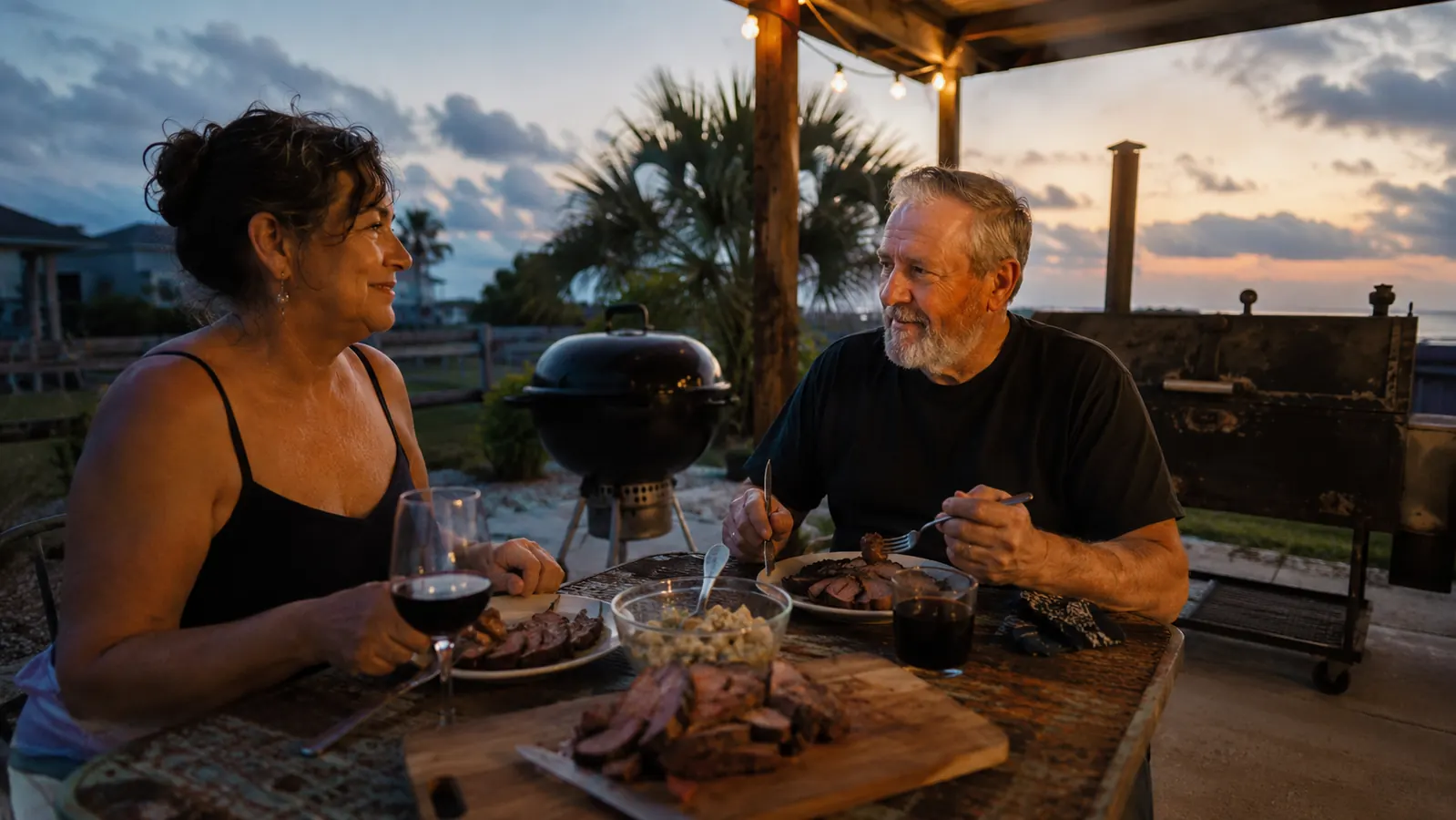 A couple sharing a steak dinner at a patio table at dusk with a kettle grill glowing in the background