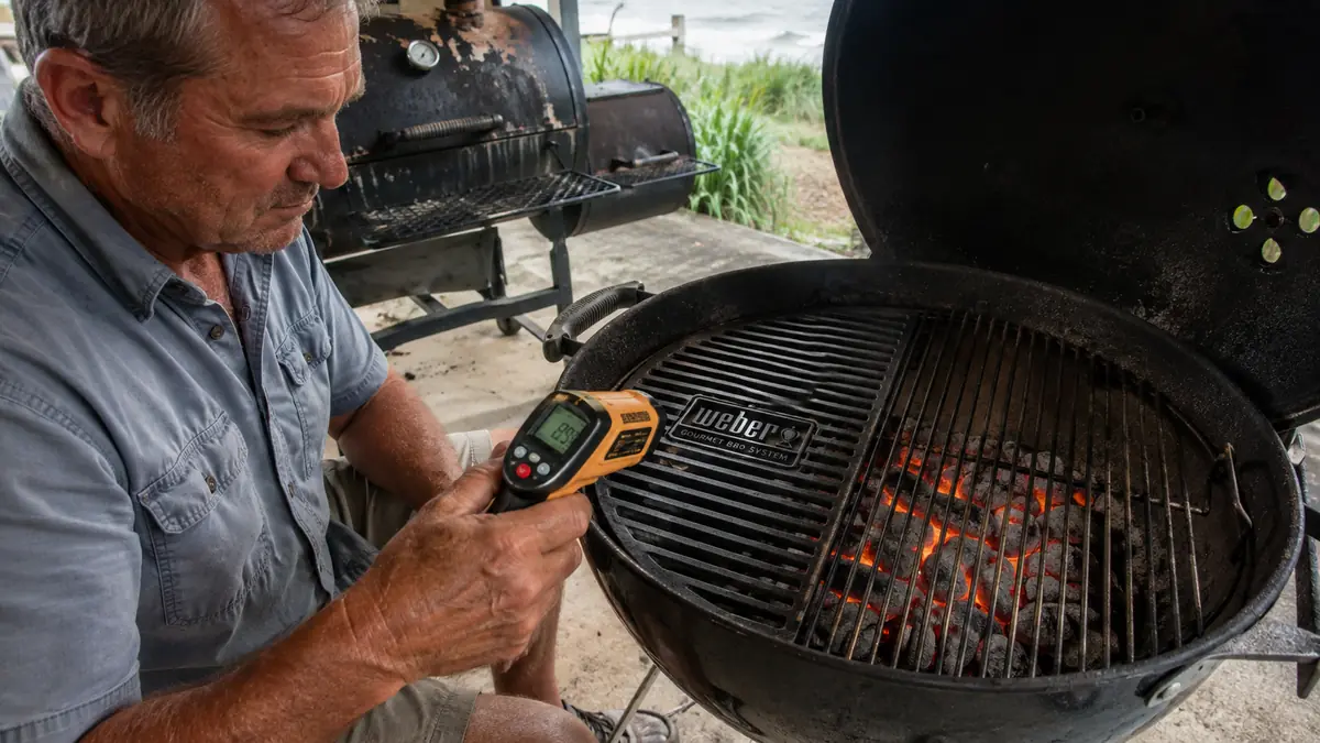 An infrared thermometer being pointed at the cast iron sear grate to check surface temperature