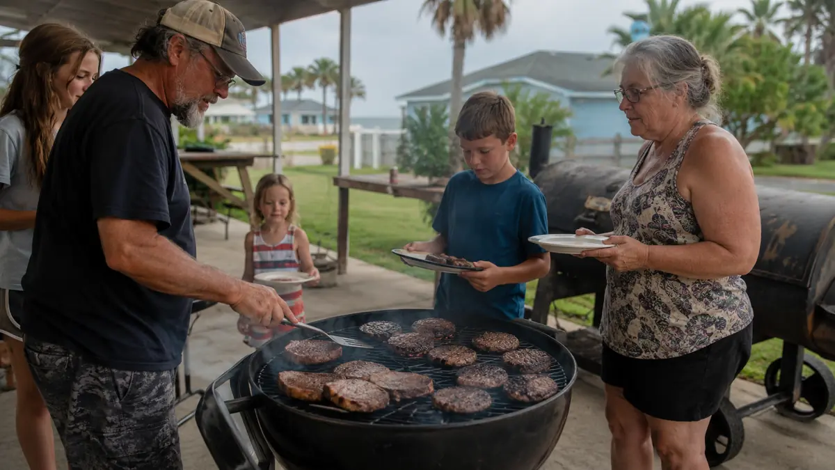 A family gathered around a kettle grill on a Sunday afternoon with burgers on the full stock grate and steaks finishing on the cast iron half